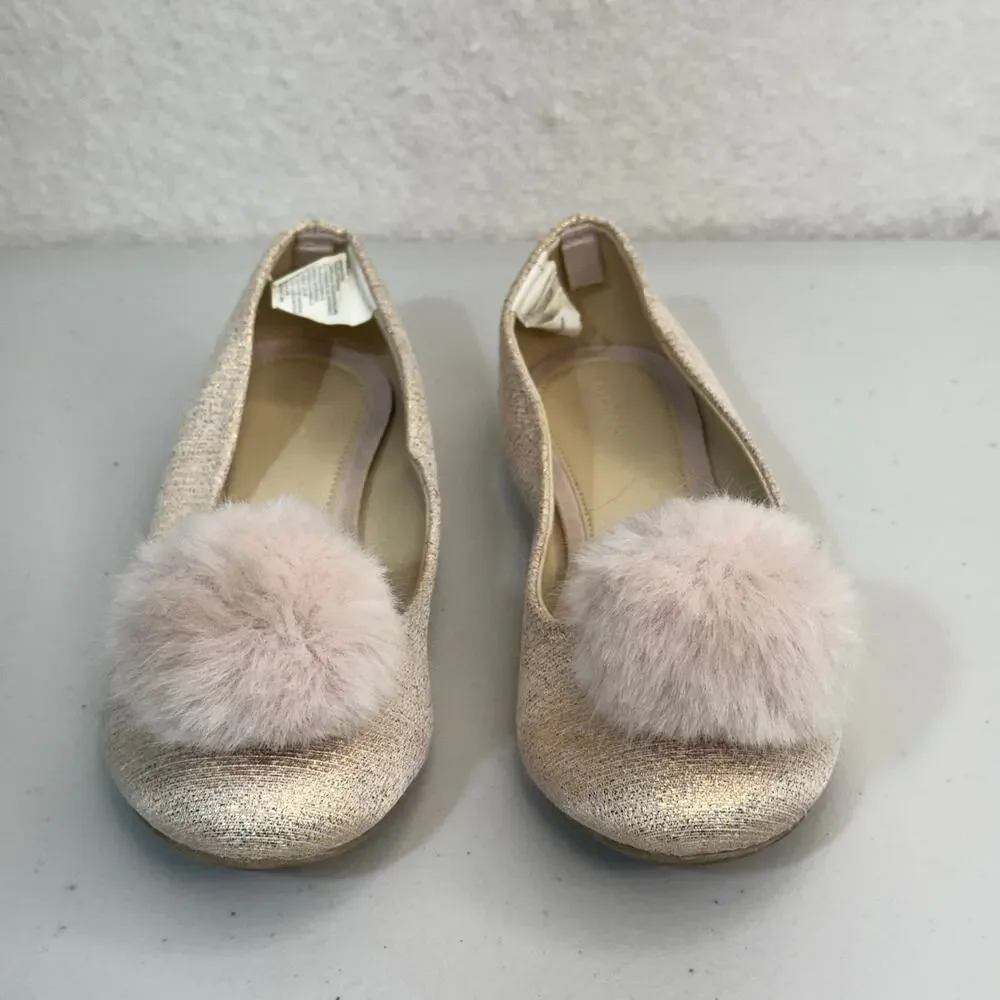 Gymboree Metallic Rose Gold Pink Ballet Flats Fluff Pom-Poms Size 1 Spring Dress
